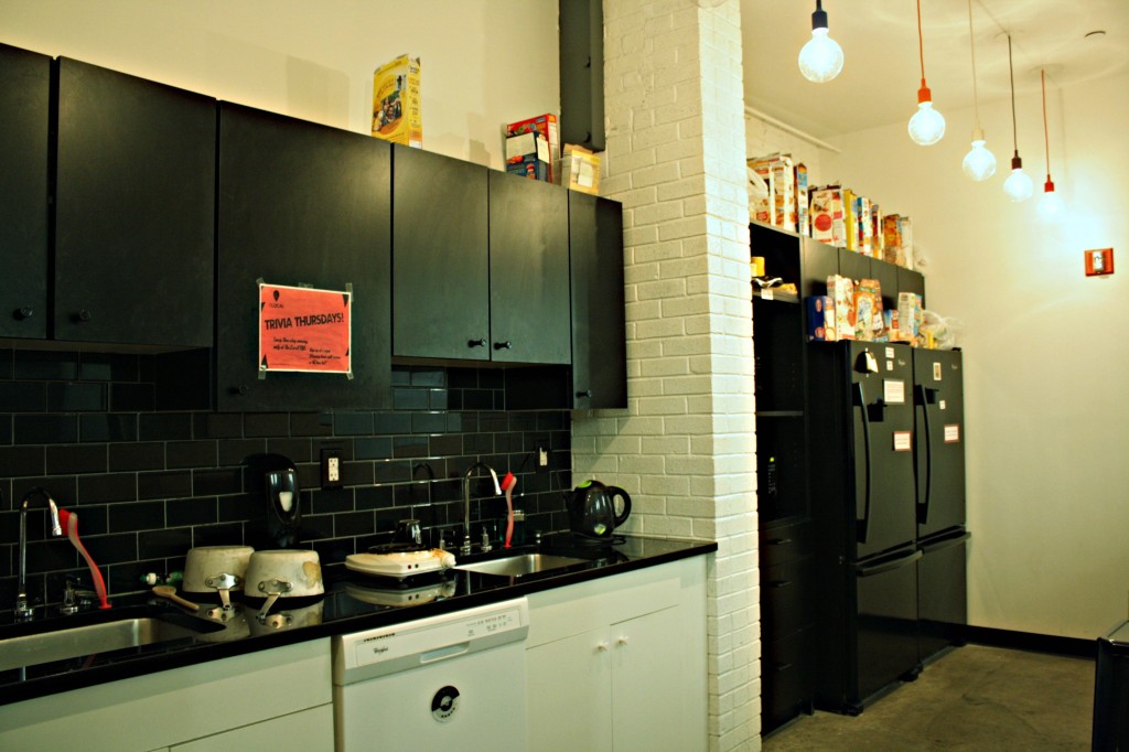 Communal kitchen at The Local NY, a hostel in Long Island City, Queens