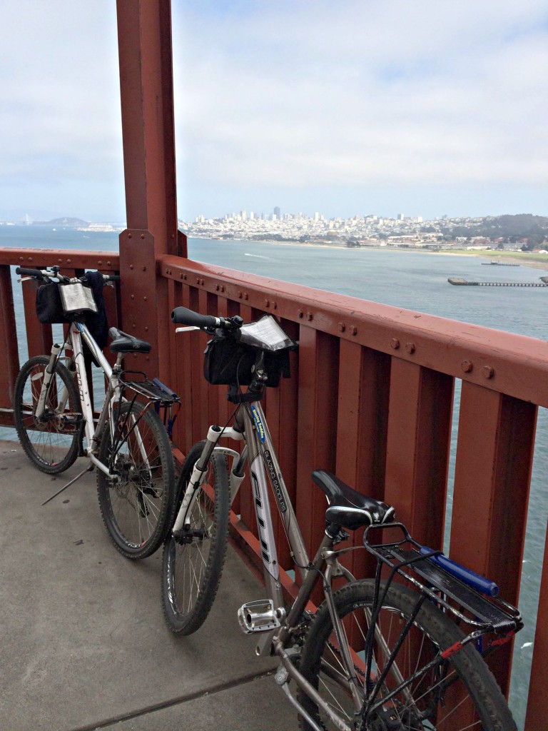 Biking across the Golden Gate Bridge.