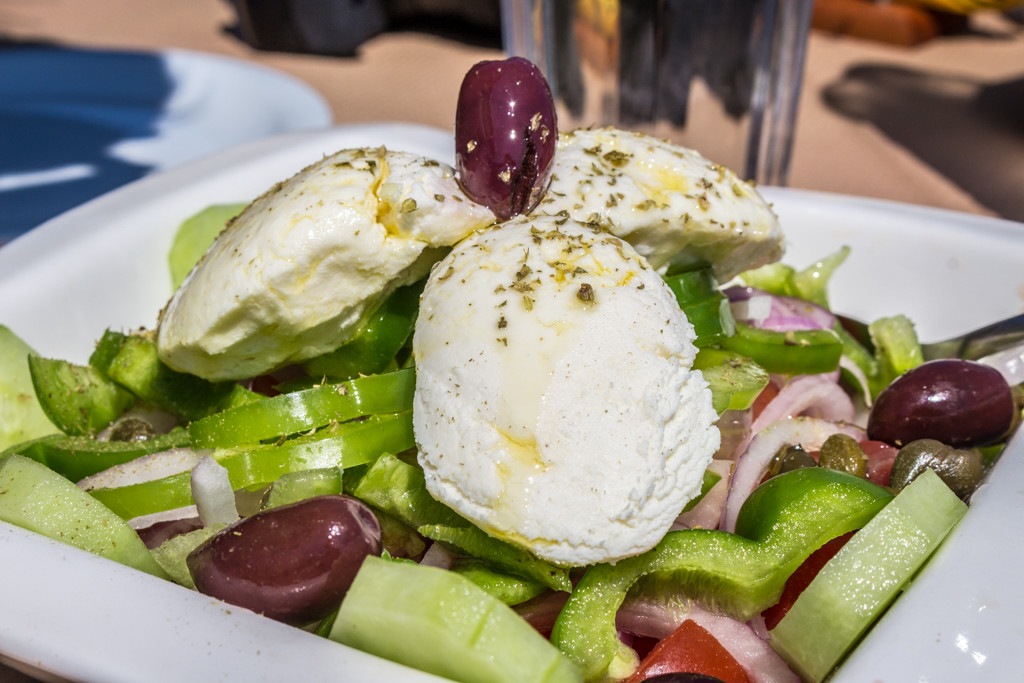 Greek salad with a slight variation--local cheese from the island of Ios