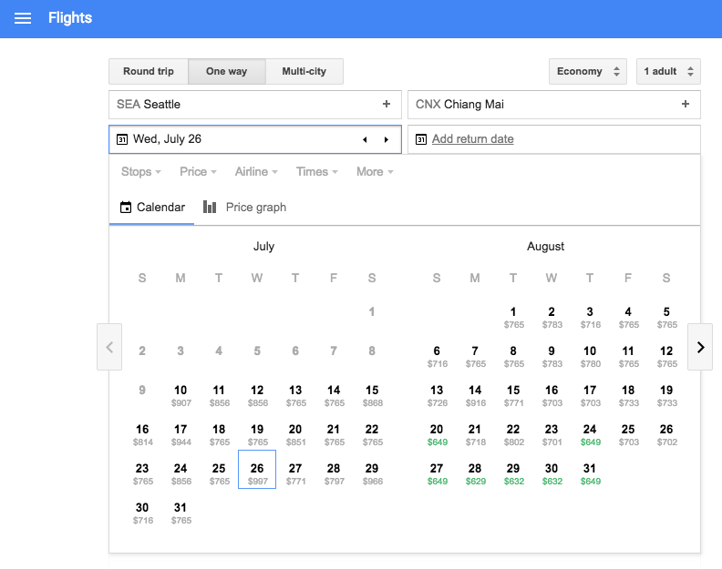 Use Google Flights to find a one-way fare to your new digital nomad home base